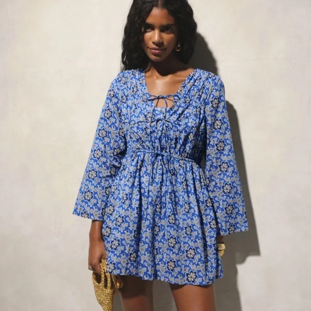 J. Crew Dress Women’s XS Blue Floral Mini Lace Neck Long Sleeve HH